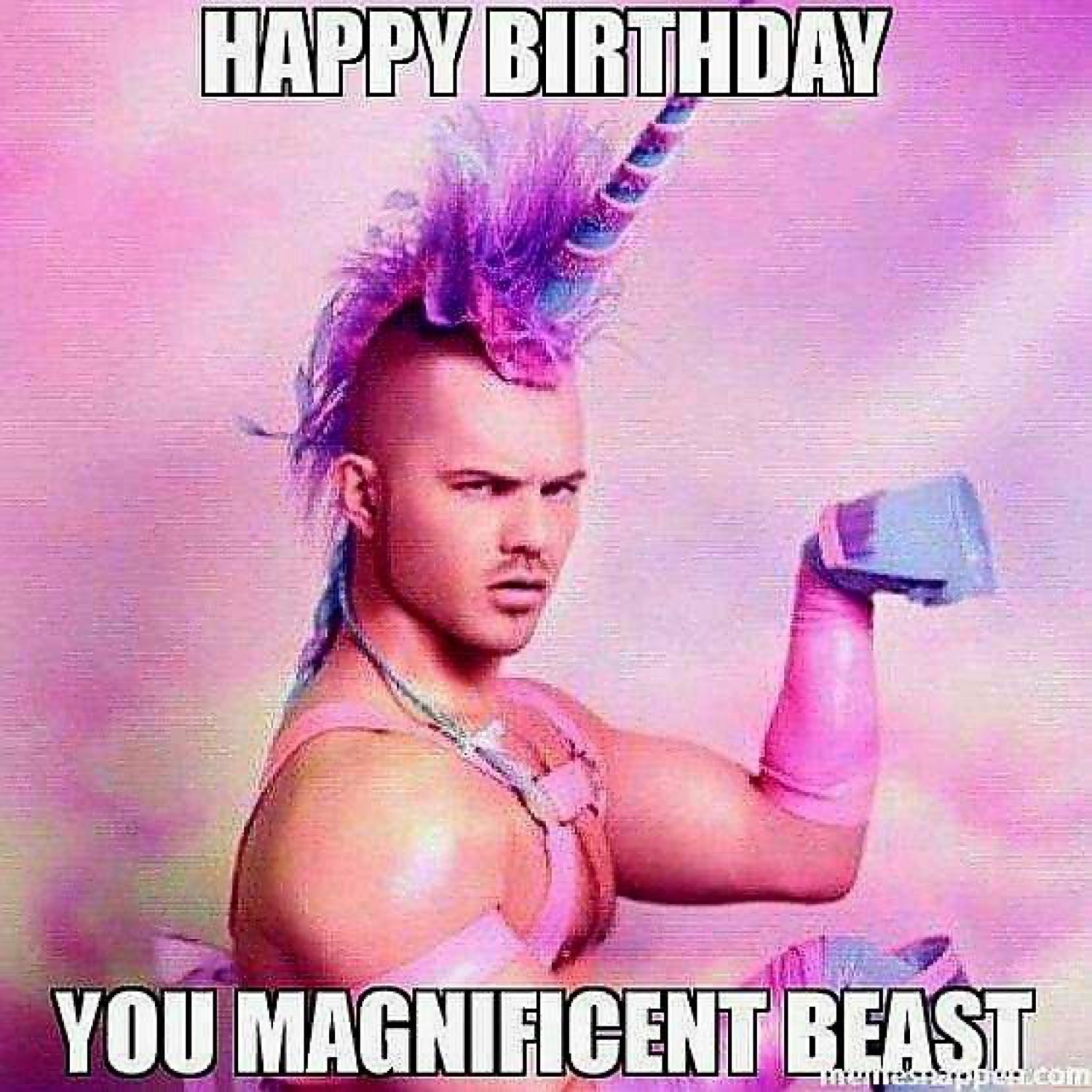 Muscle guy with a pink unicorn mohawk: 'HAPPY BIRTHDAY YOU MAGNIFICENT BEAST'