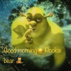 Glowing Shrek with a thoughtful pose: 'Good morning Pookie bear'