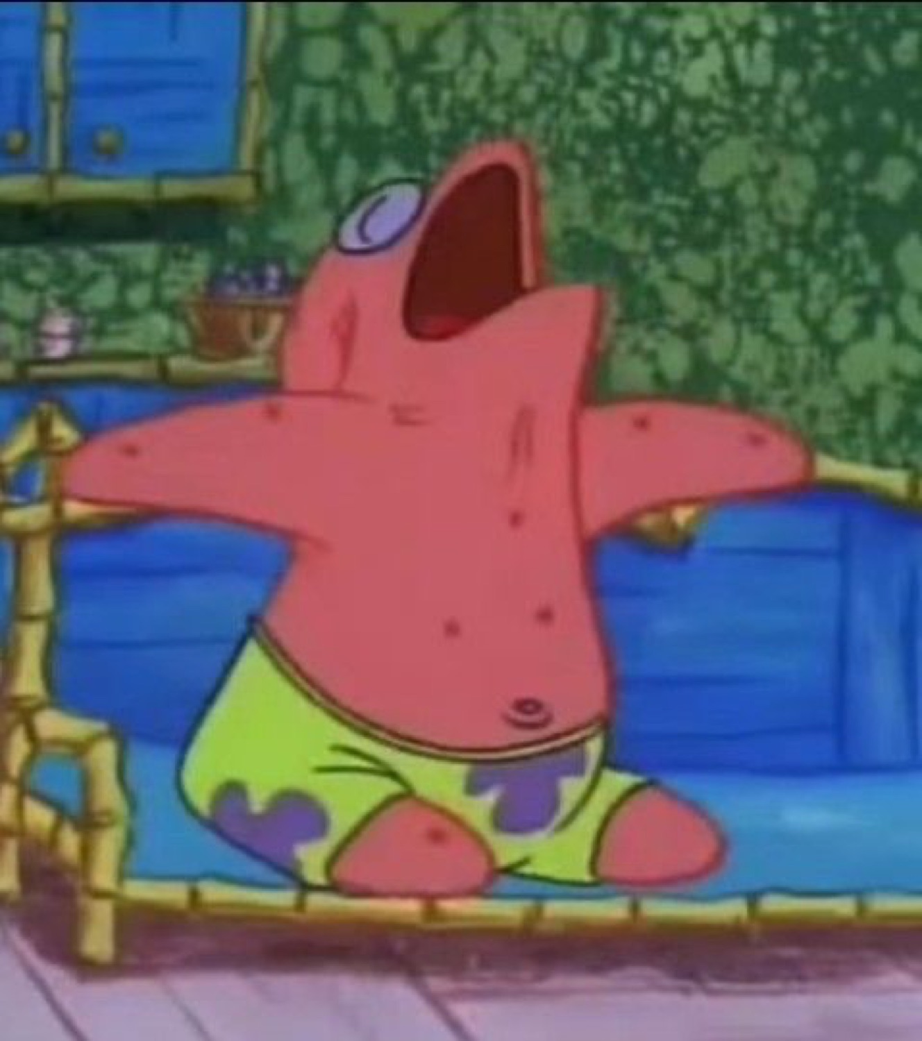 Patrick Star jolts awake in bed with his mouth wide open in a dramatic scream