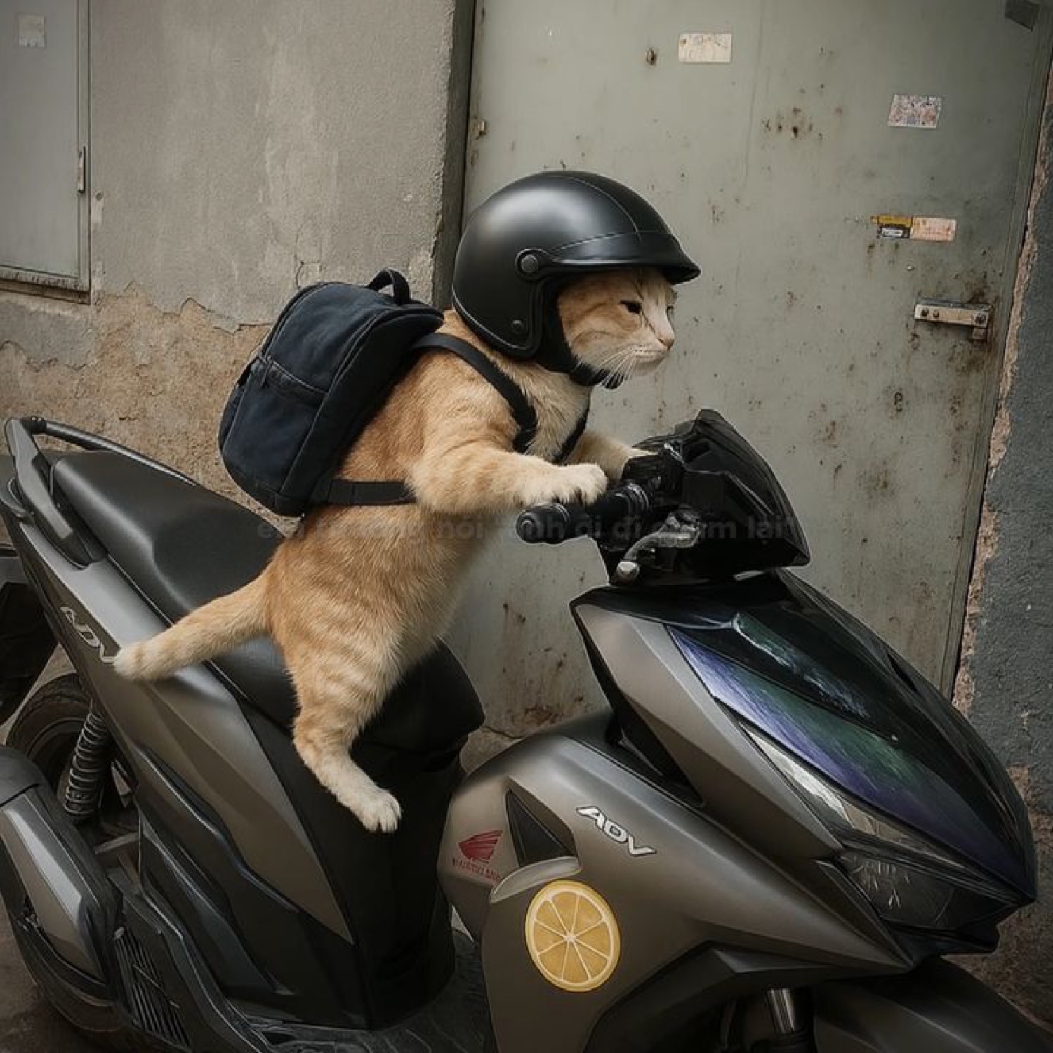Cat in a helmet and backpack riding a motor scooter