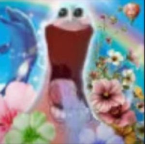 Wide-mouthed creature yelling joyfully amid dolphins, flowers and rainbows