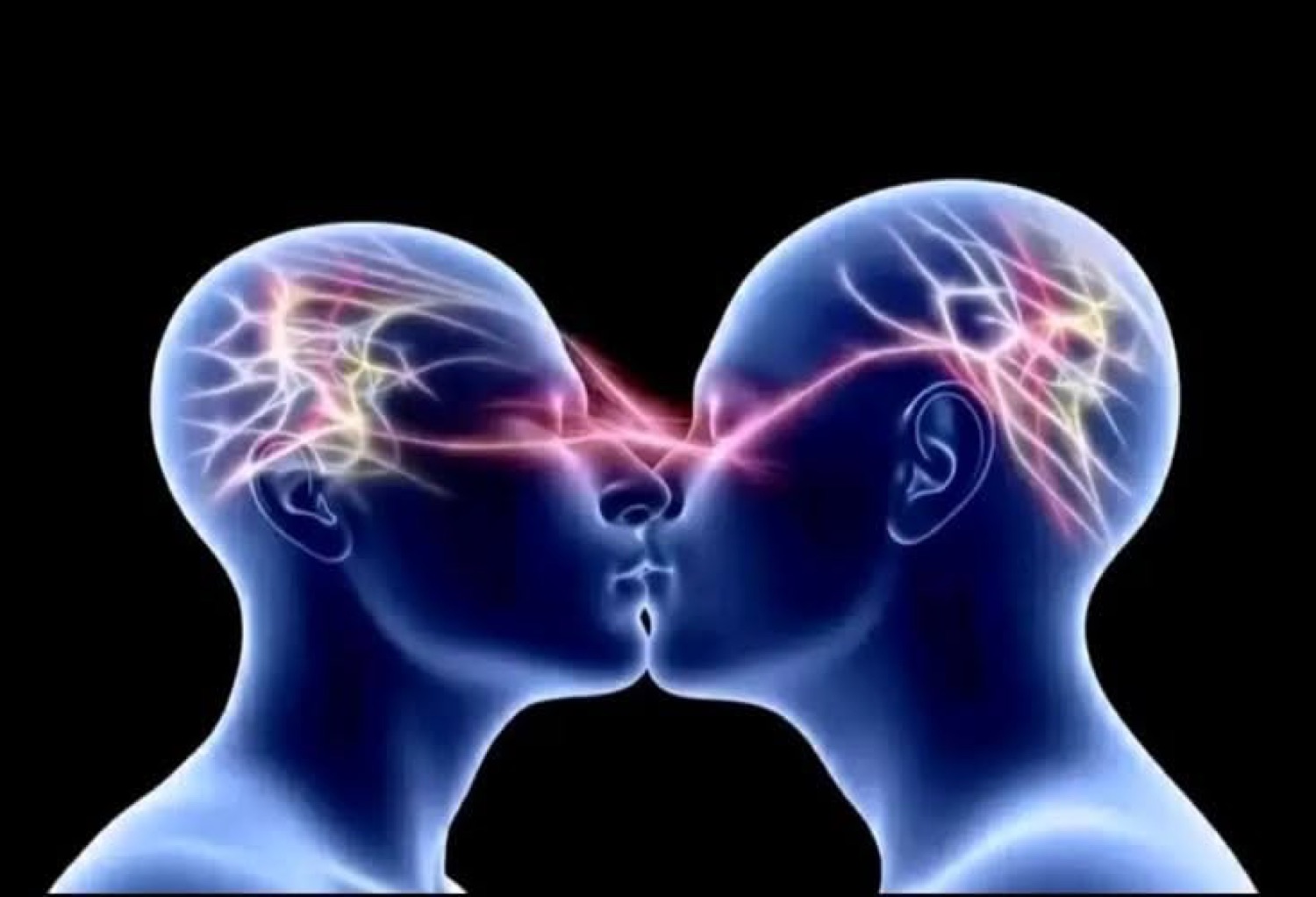 Glowing 3D render of two heads touching with electricity arcing between their brains