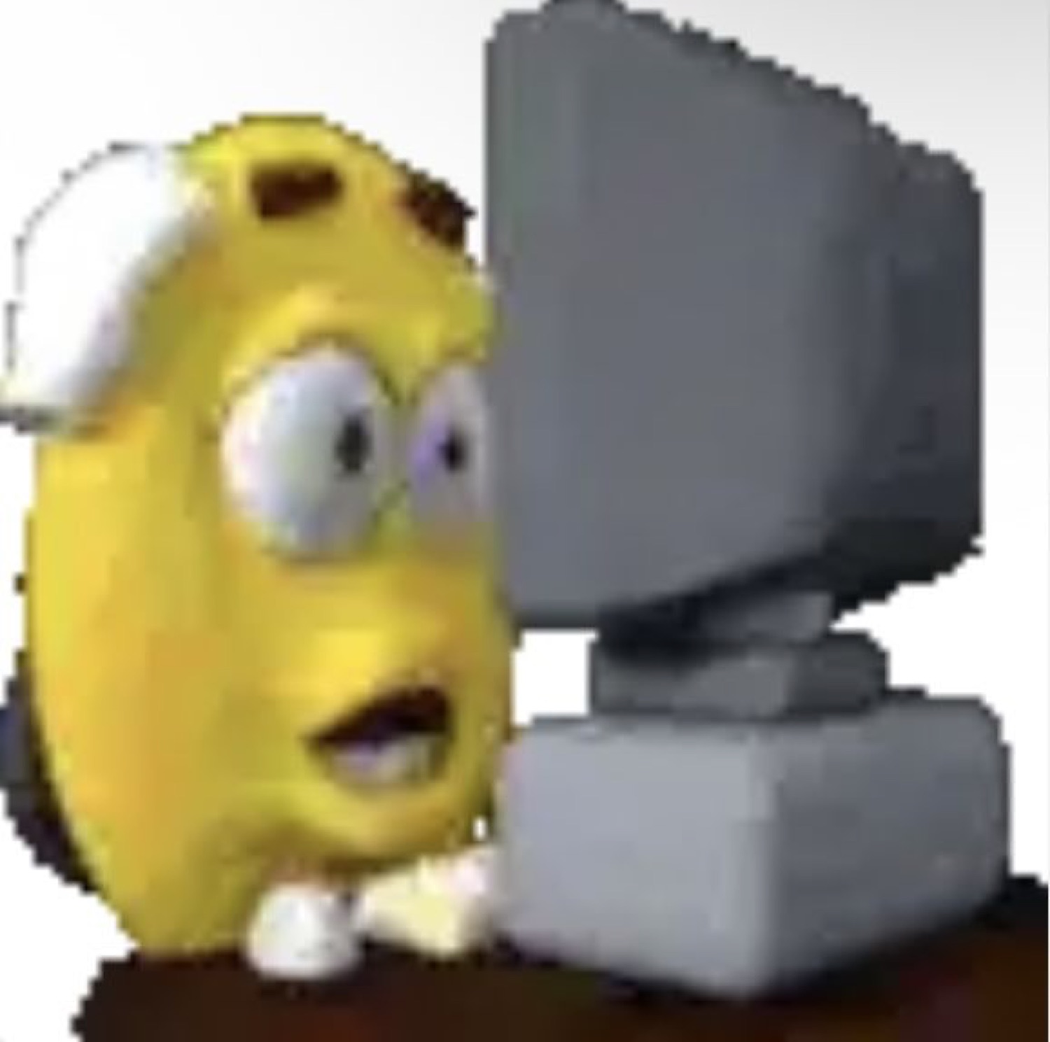 Low-poly yellow cartoon character staring wide-eyed at an old CRT computer monitor