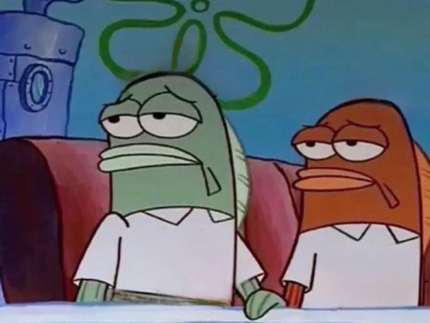 Two SpongeBob fish staring flatly, unimpressed
