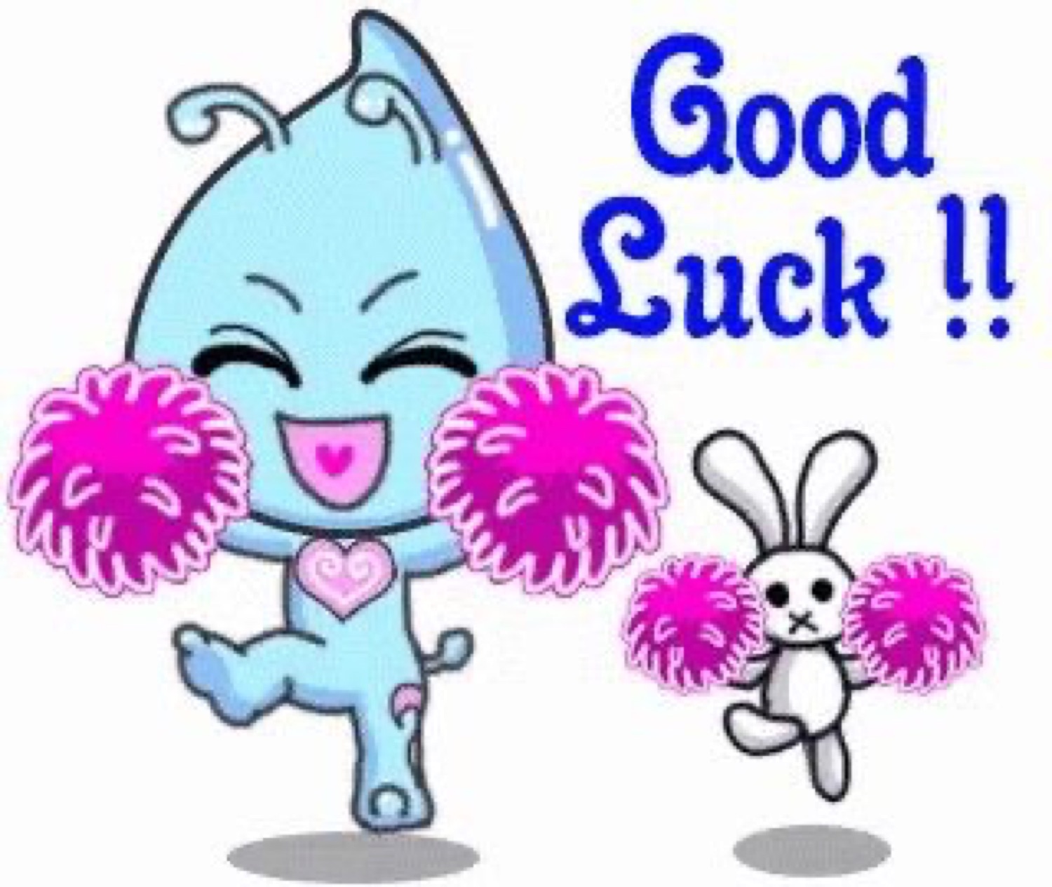 Cartoon creature cheering with pom-poms: 'Good Luck!!'