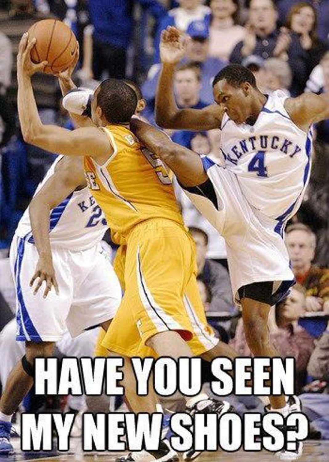 College basketball players colliding under 'HAVE YOU SEEN MY NEW SHOES?'