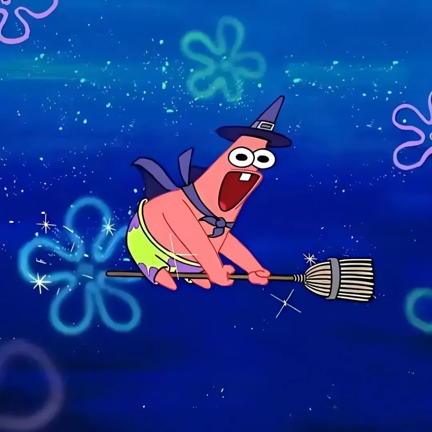 Patrick Star in a witch hat screaming while flying on a broomstick