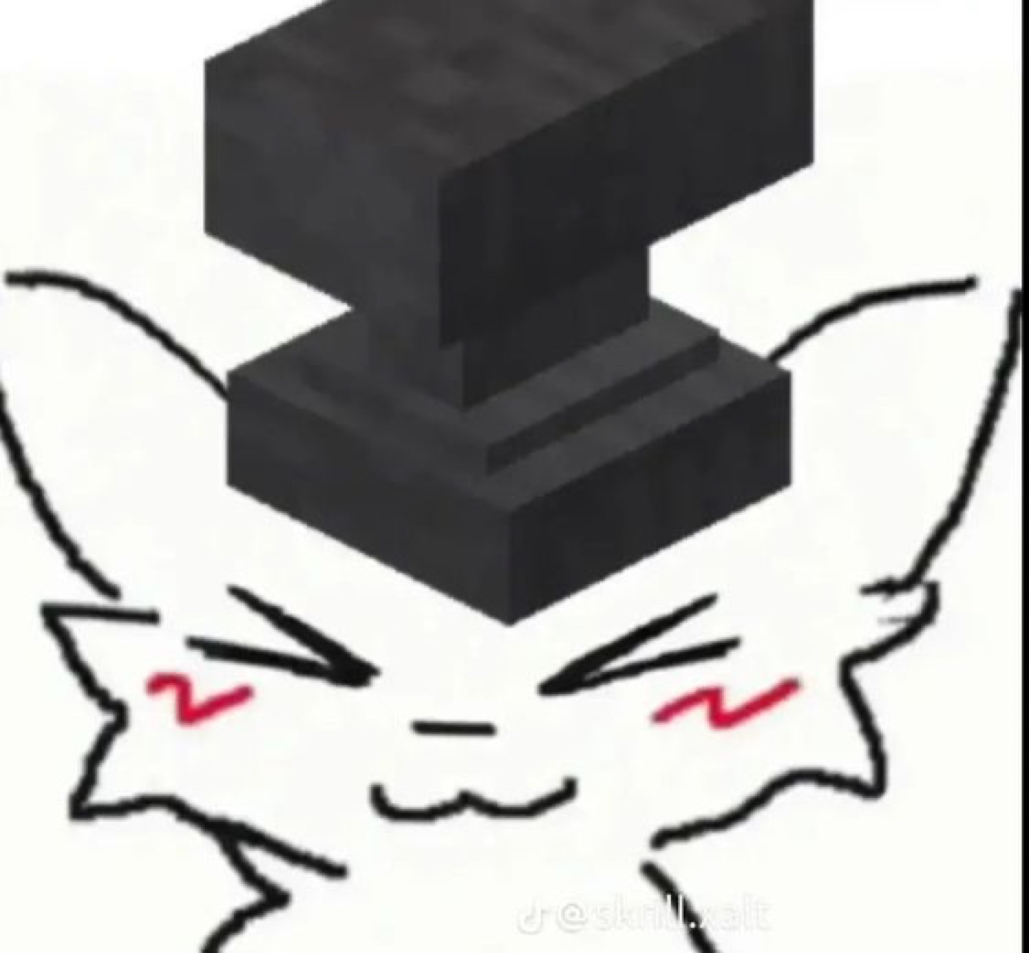 Doodle cat with blushing cheeks getting squashed by a Minecraft anvil