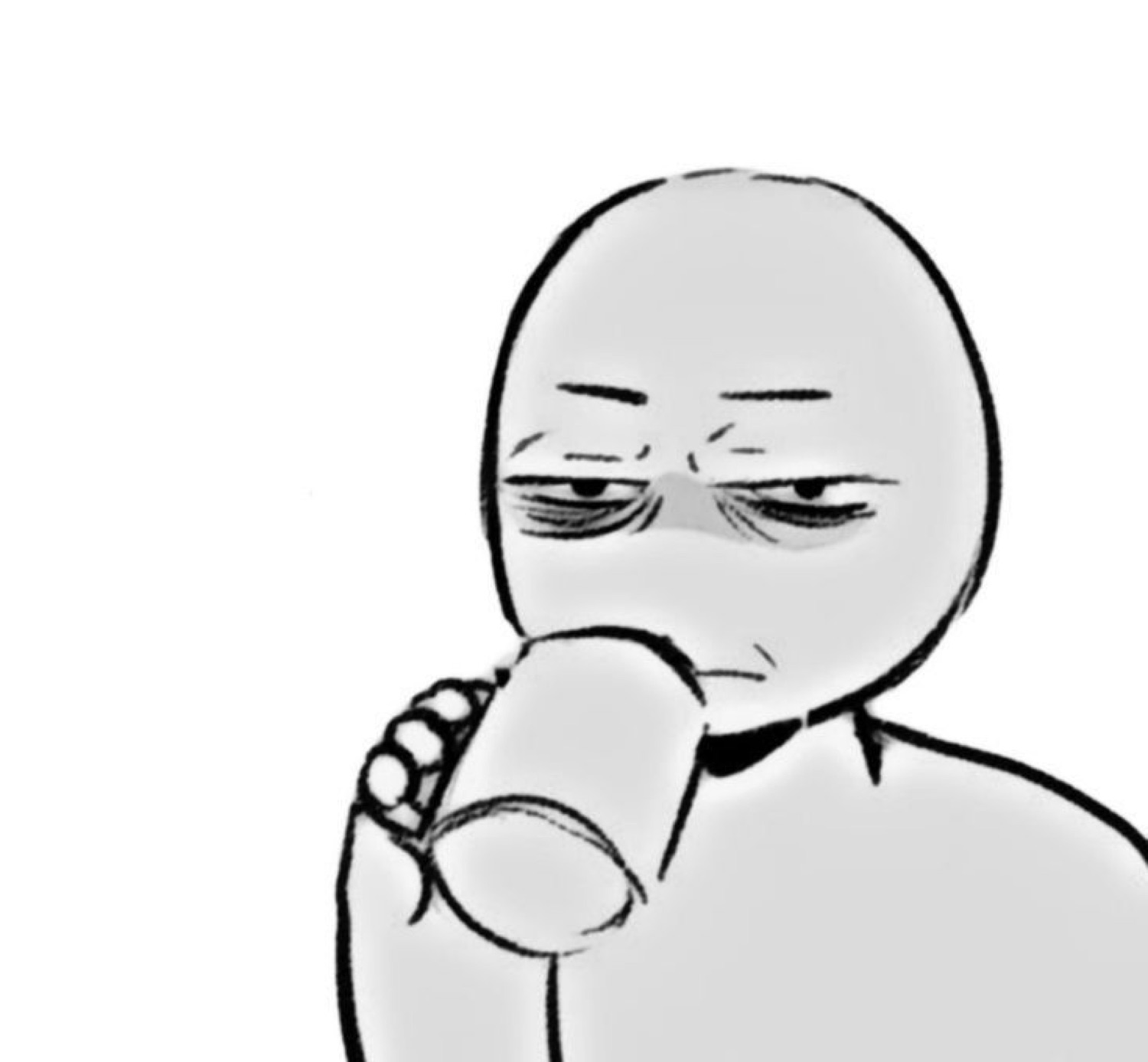 Minimalist cartoon figure sipping from a mug with a skeptical, side-eyeing squint