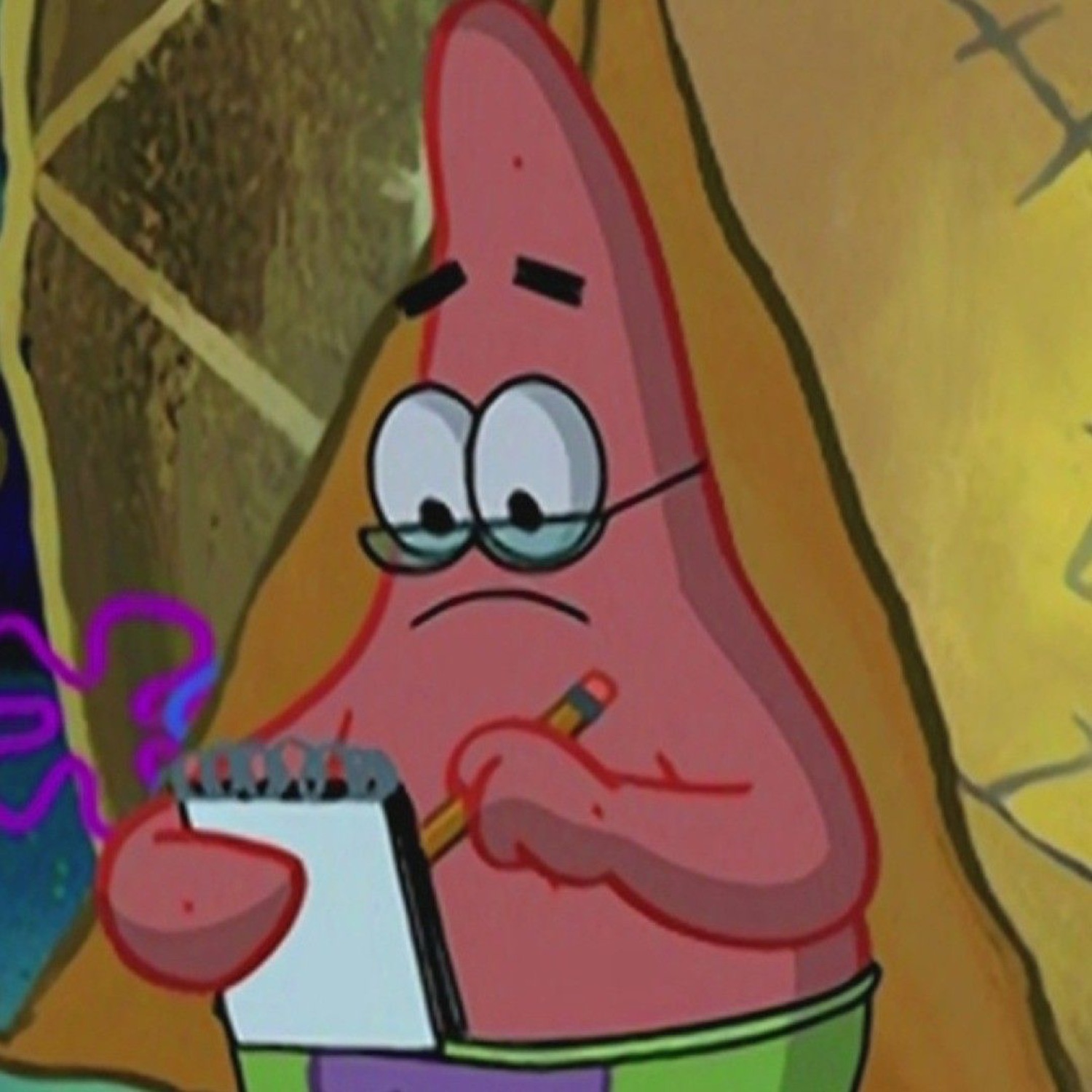Patrick Star looking confused while writing on a notepad