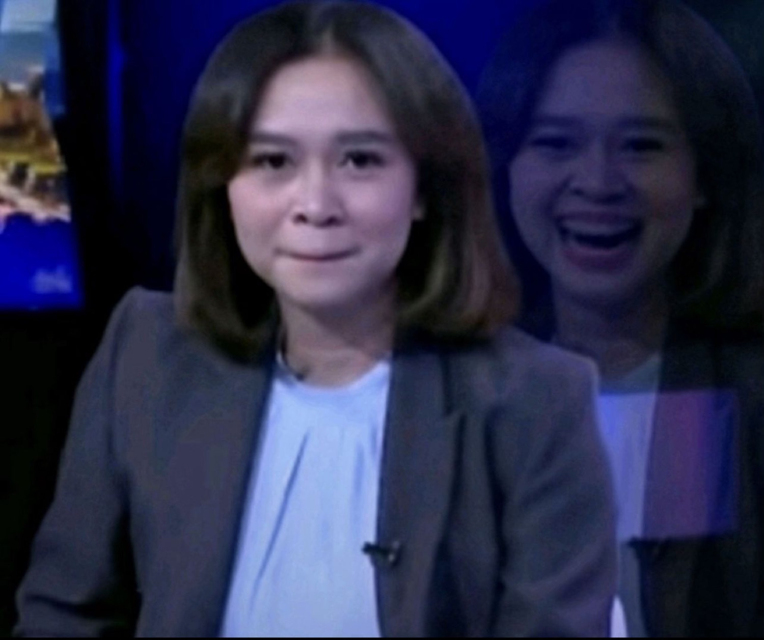 News anchor holding a straight face while a laughing ghost version of herself hovers beside her