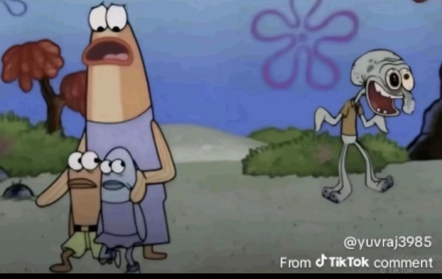 Fish townspeople screaming as a skinny Squidward runs past