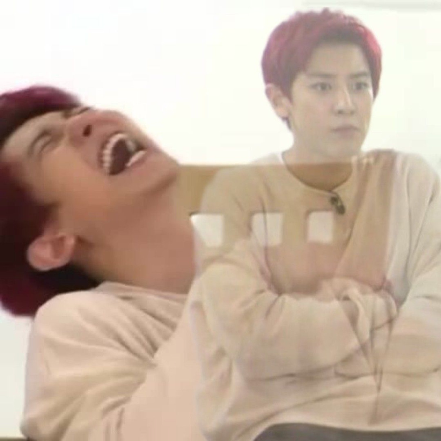 Split reaction of a red-haired man cracking up laughing versus the same man looking arms-crossed and unimpressed