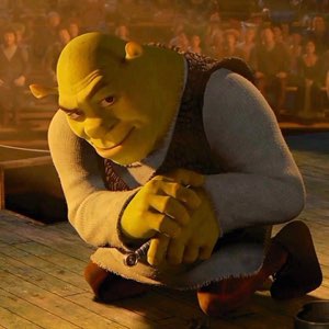 Shrek crouched down with a smug, flirty little smirk