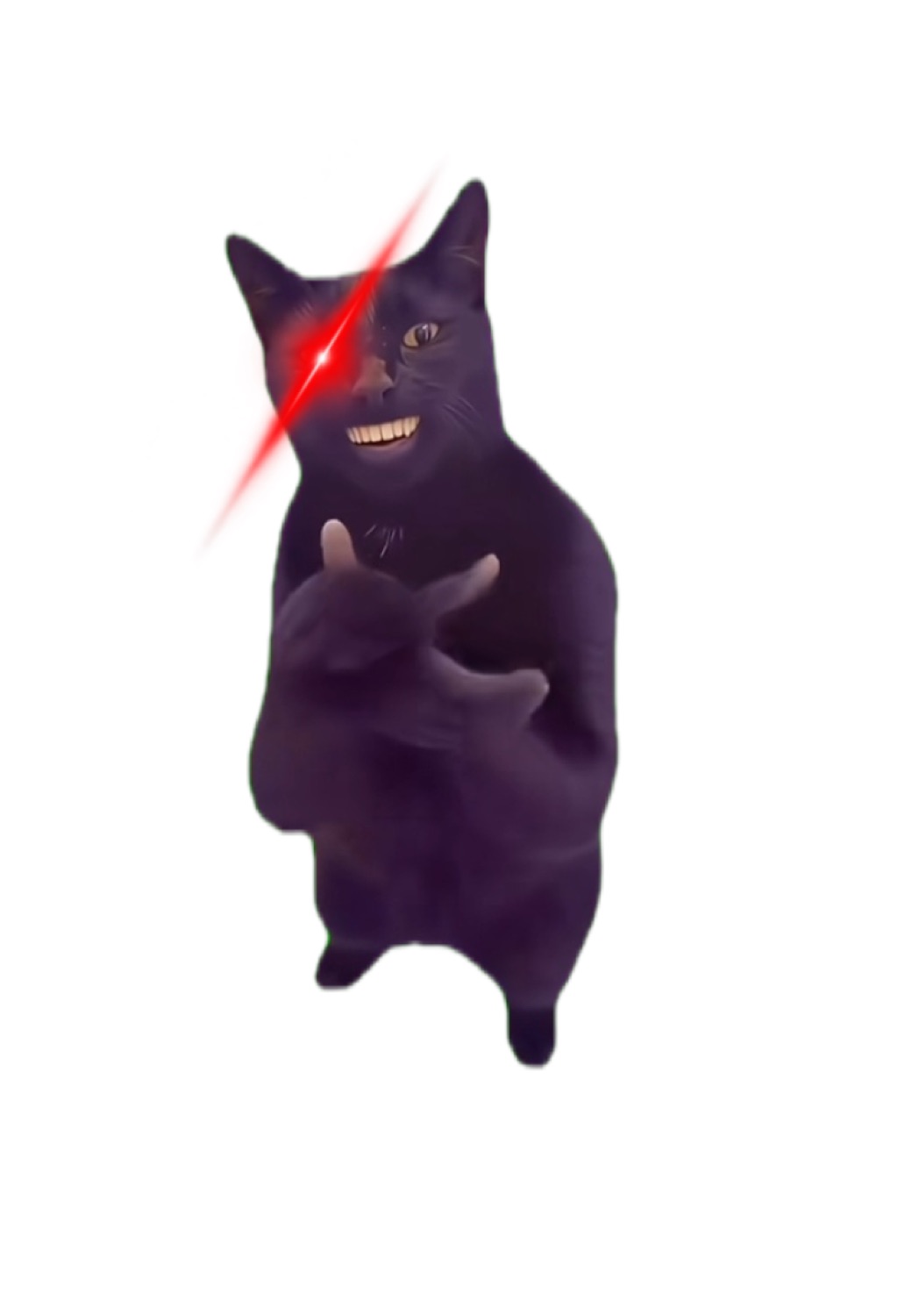 Black cat on its hind legs with a human-teeth grin and a red laser eye, the clapping cat meme