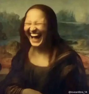 The Mona Lisa edited into a wide-open, head-back belly laugh