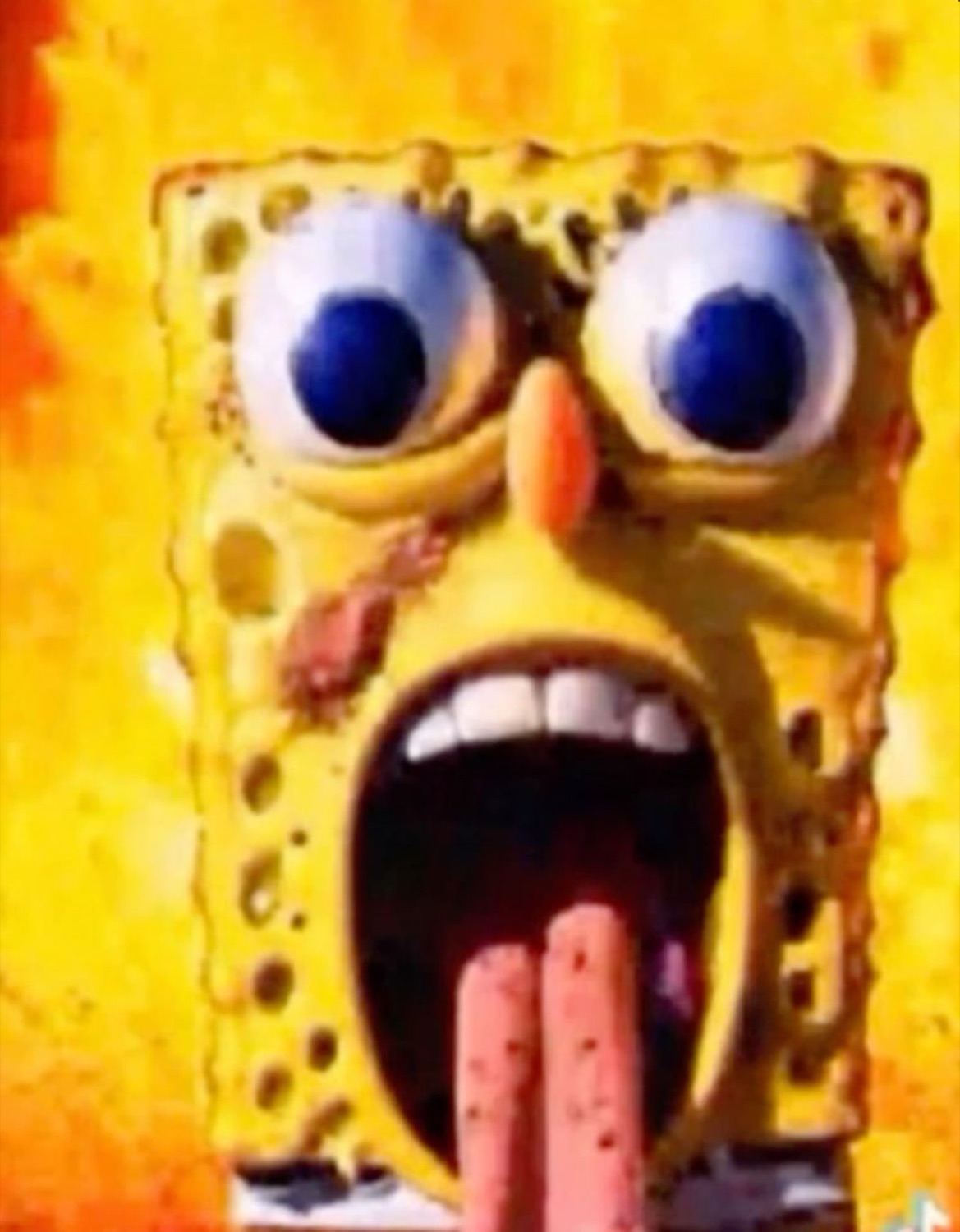 Distorted SpongeBob with bugged-out googly eyes and mouth agape in horror