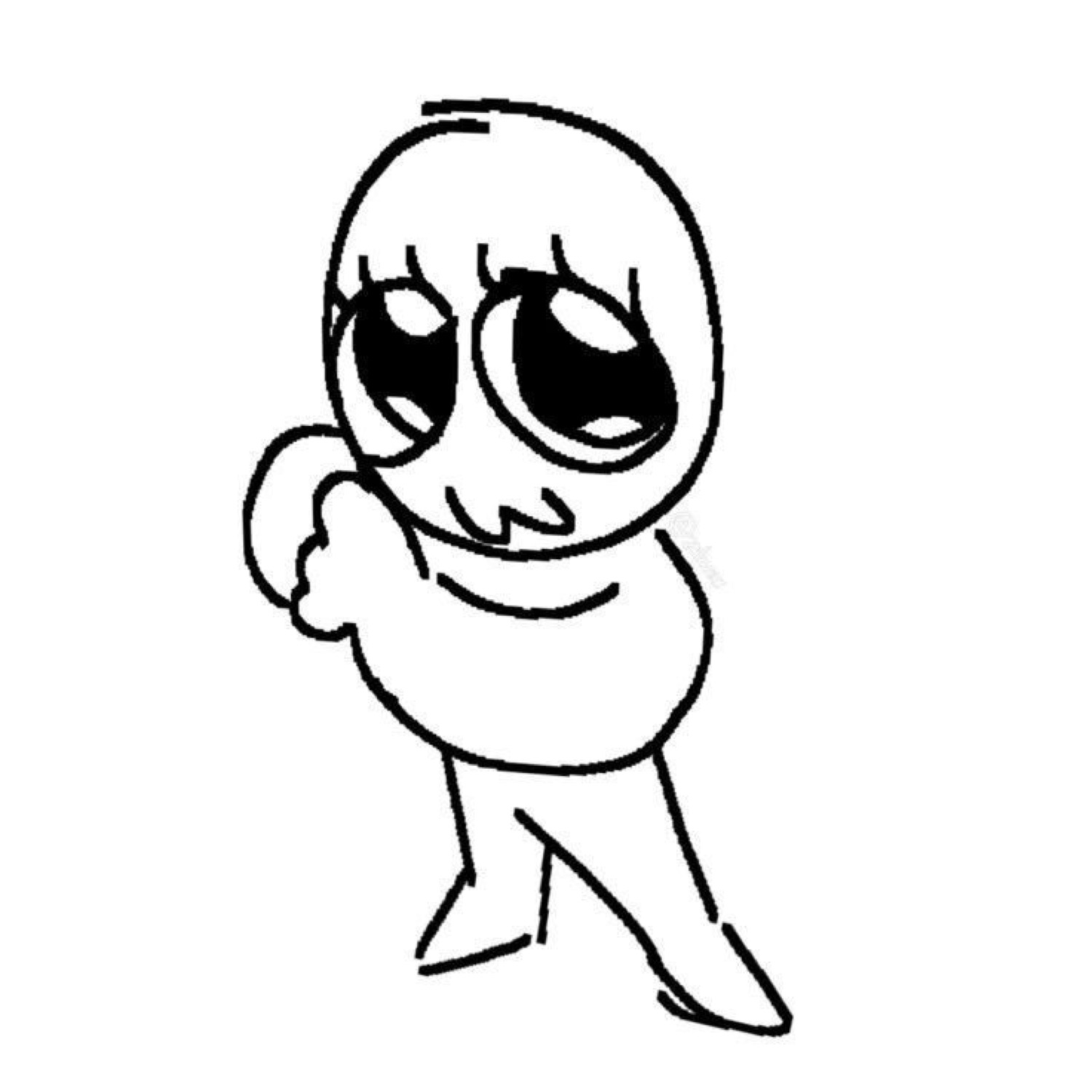 A crudely drawn doodle character with big lashes striking a shy, flirty pose