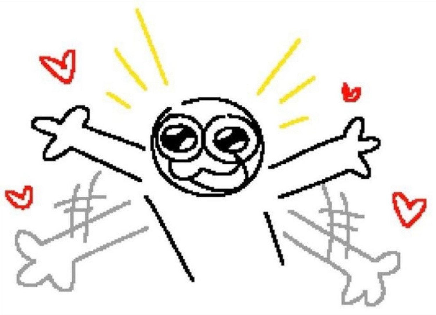 Crude doodle face with arms thrown wide open, surrounded by hearts and joy lines