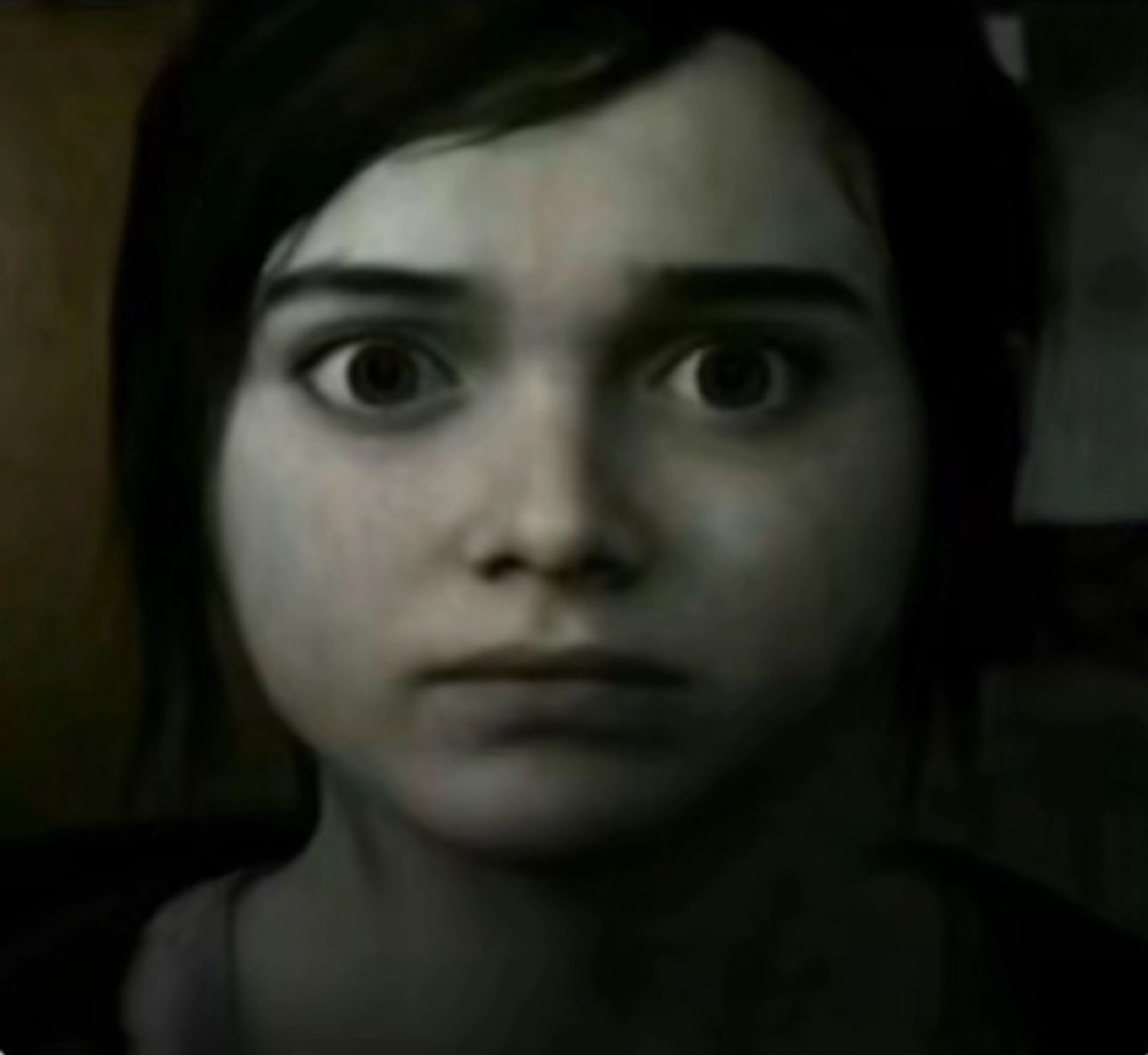 Dimly lit video-game girl staring blankly ahead with wide, frightened eyes