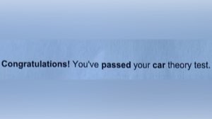 Screen text: 'Congratulations! You've passed your car theory test.'