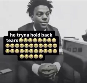 IShowSpeed sitting in a suit, captioned 'he tryna hold back tears'