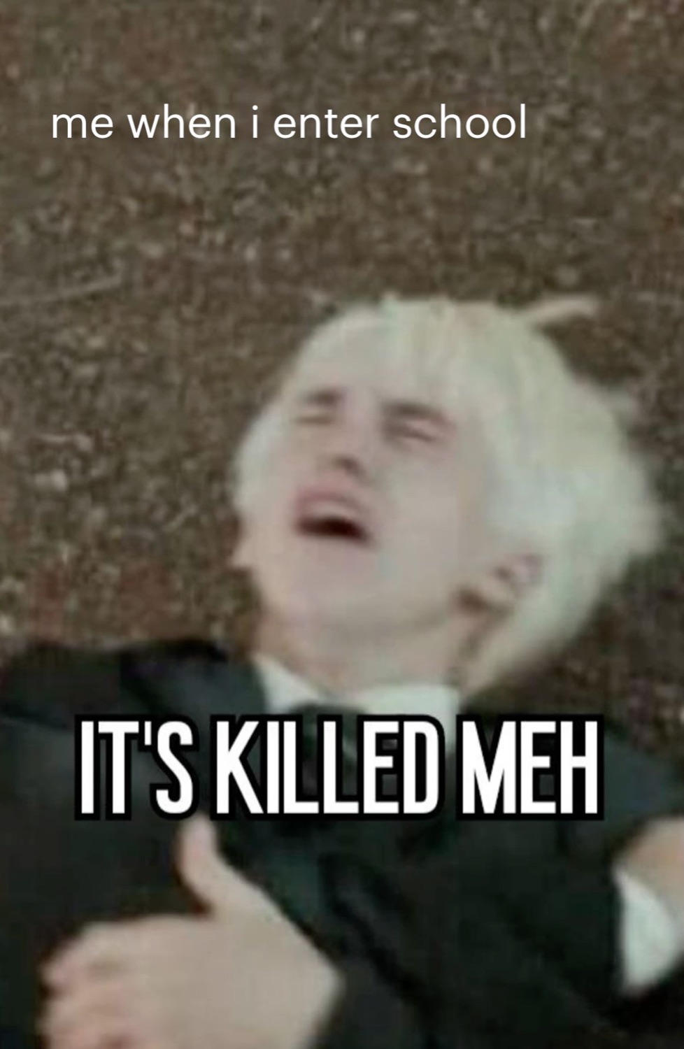 Draco Malfoy writhing dramatically under 'me when i enter school' and 'IT'S KILLED MEH'