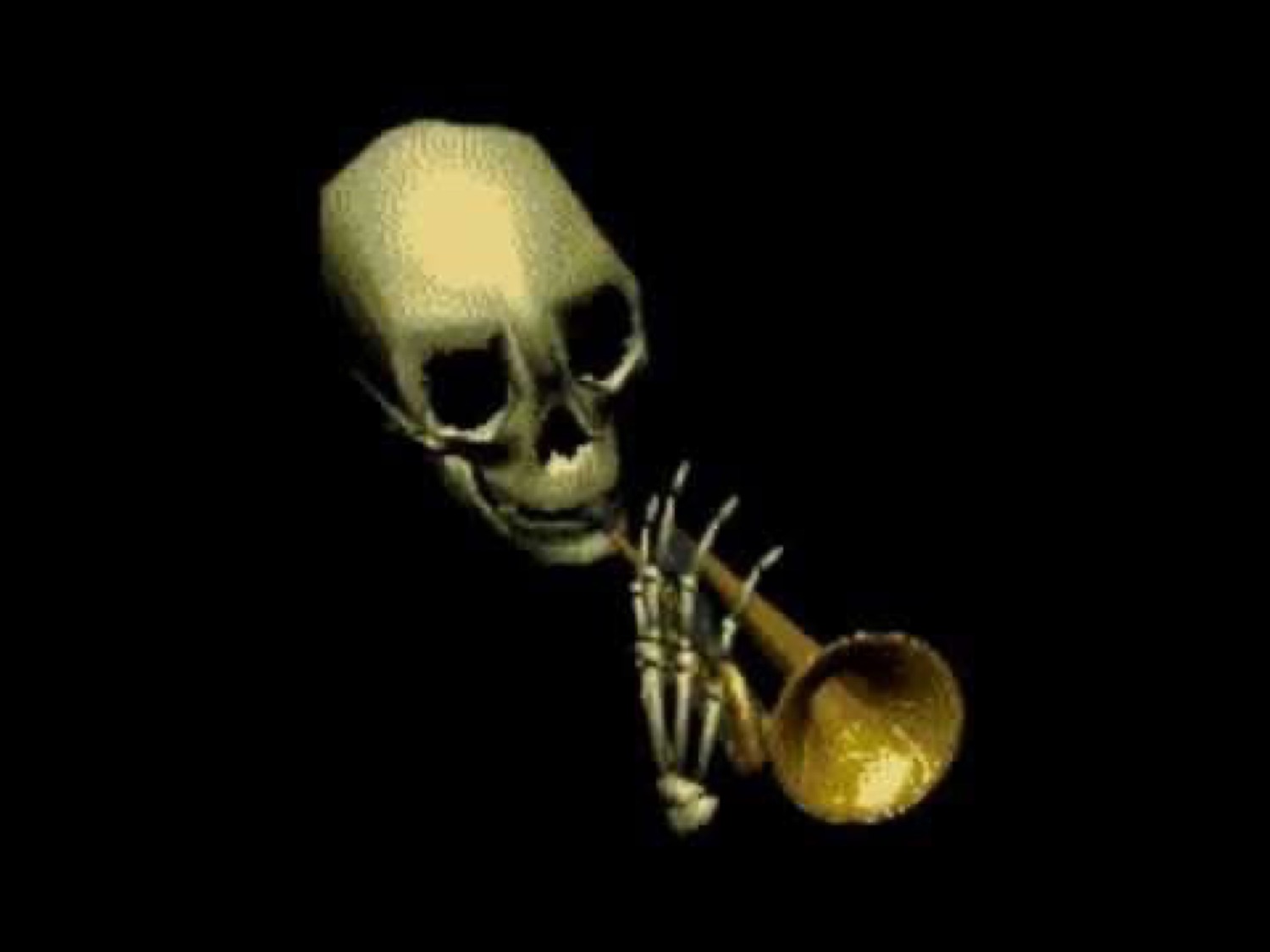 Mr. Skeltal, the yellowed skull, blowing a trumpet on black