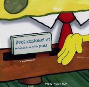SpongeBob desk drawing with a nameplate reading 'Professional at being in love with you'