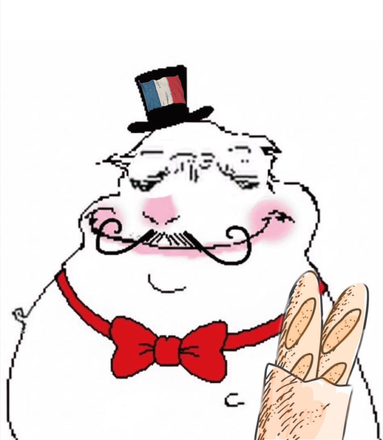Chubby cartoon French character with a curly mustache, beret, and baguette looking pleased