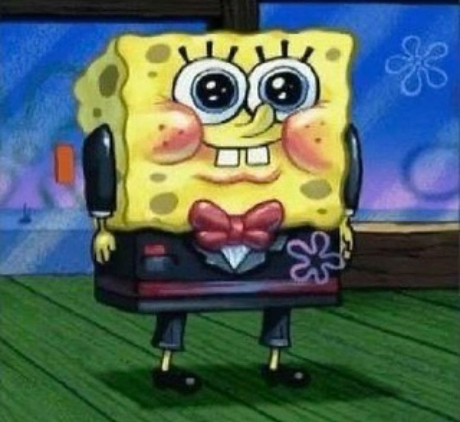 SpongeBob dressed up blushing with rosy cheeks and shiny puppy-dog eyes