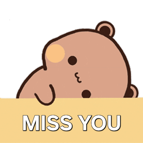 Cute cartoon bear peeking sadly over a wall, "Miss you"