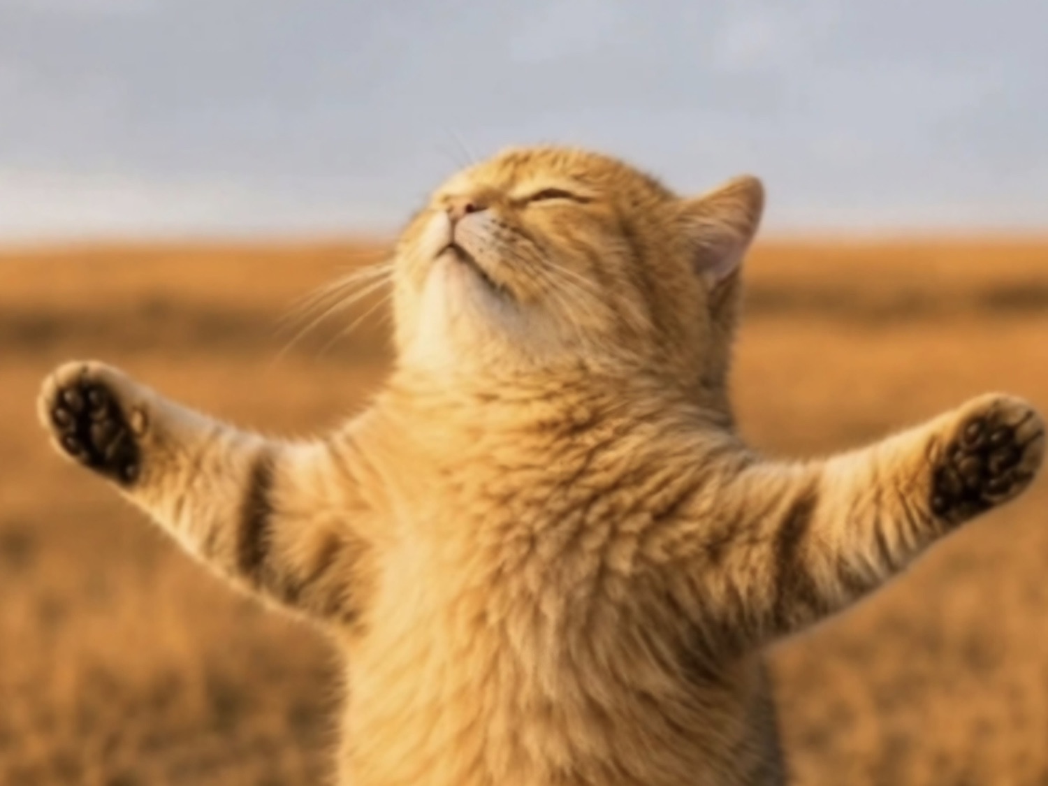Orange tabby cat standing upright with arms wide open and face tilted to the sky