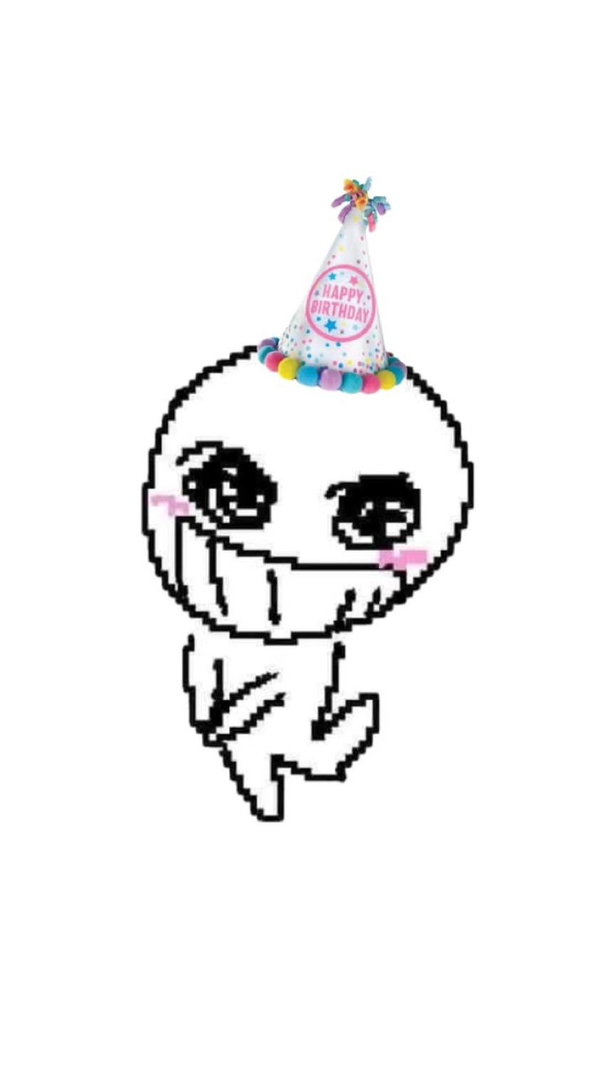 Doodle creature in a party hat with a huge toothy grin