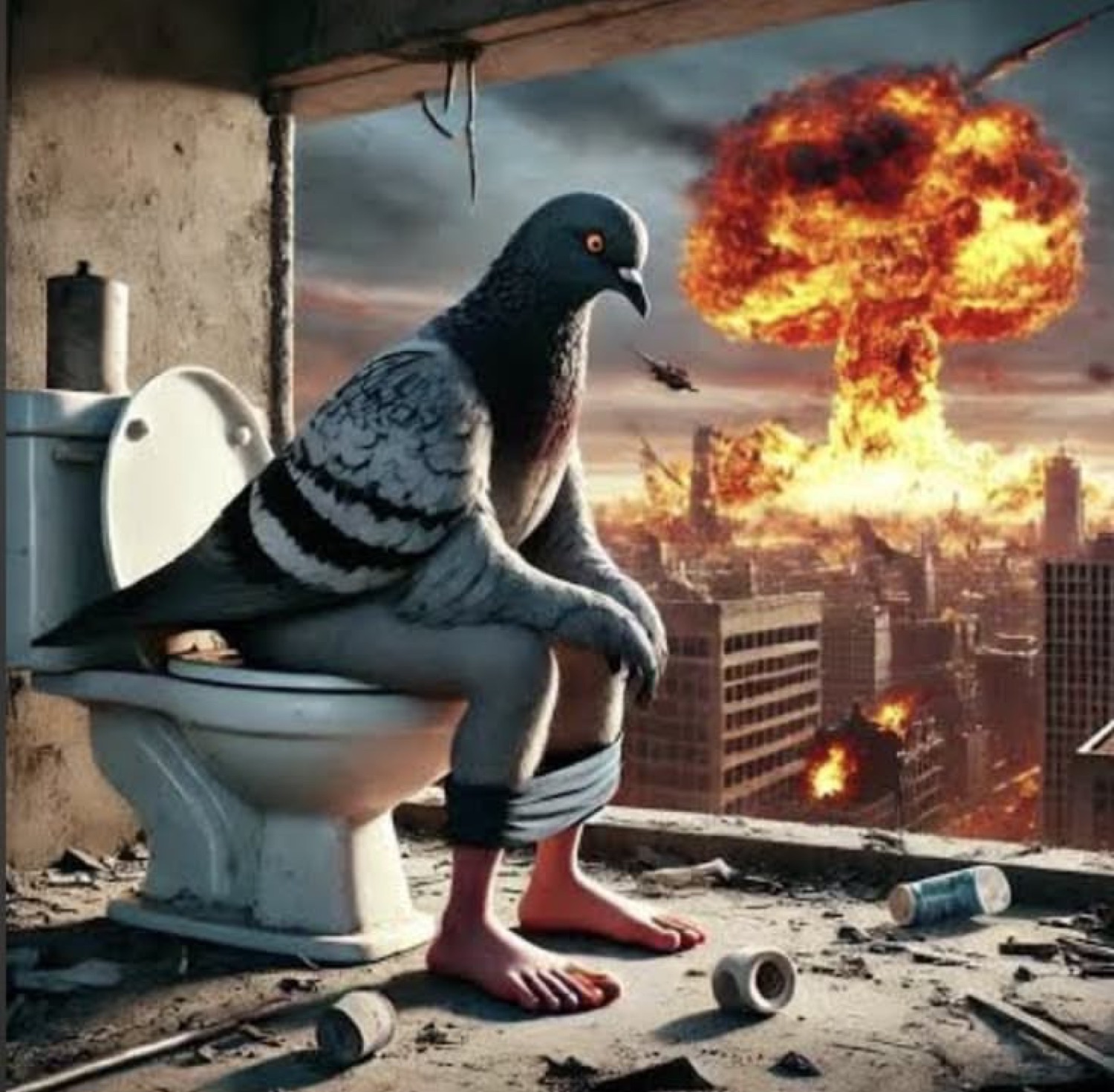 Pigeon sitting on a toilet as the city explodes behind it