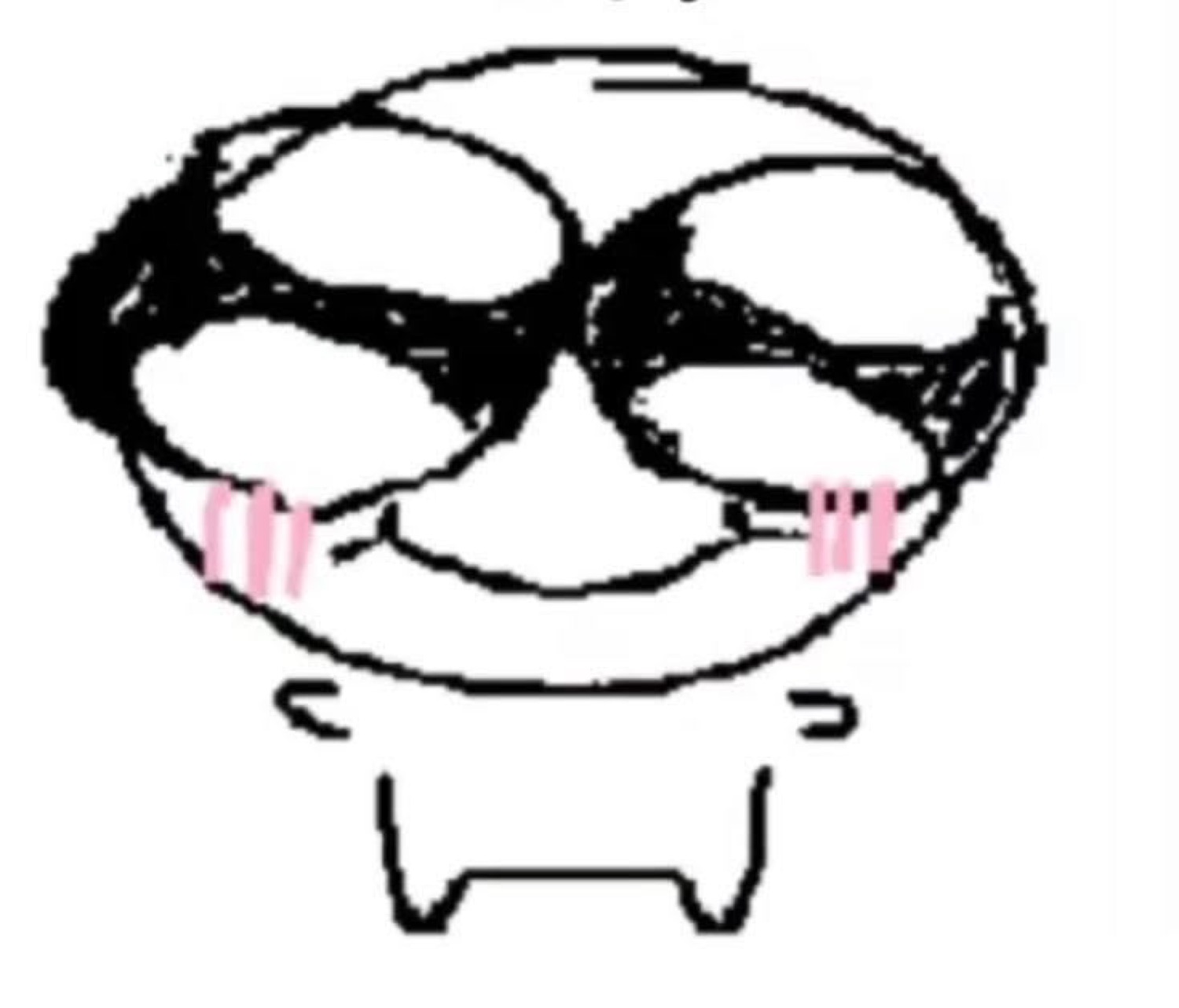Crude cartoon face with thick glasses, pink blush, and a wide sly grin