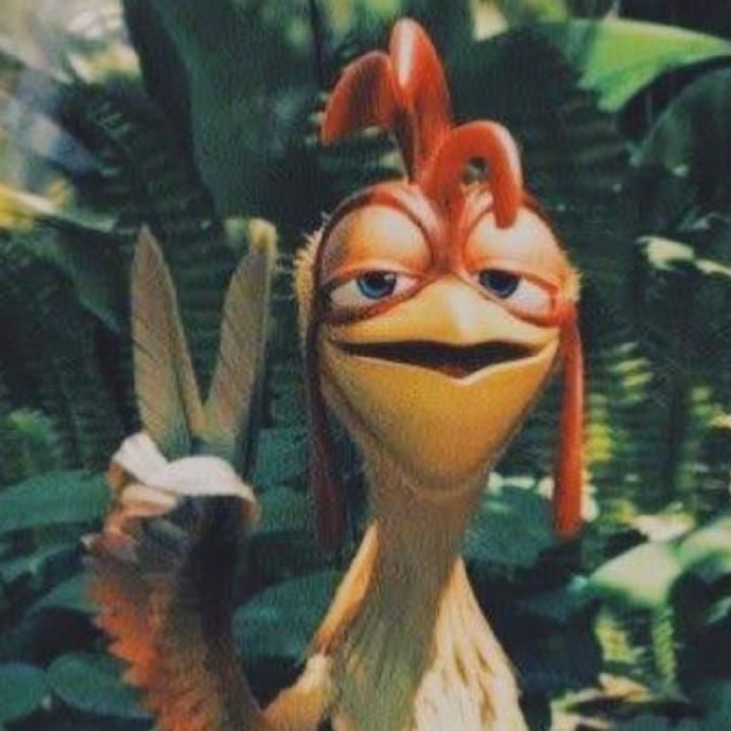 Animated chicken throwing a lazy peace sign with heavy-lidded, smug eyes