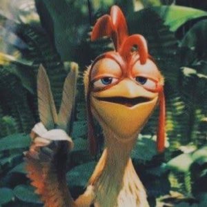 Animated chicken throwing a lazy peace sign with heavy-lidded, smug eyes