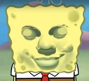 SpongeBob with a realistic human face photoshopped on, grinning unsettlingly