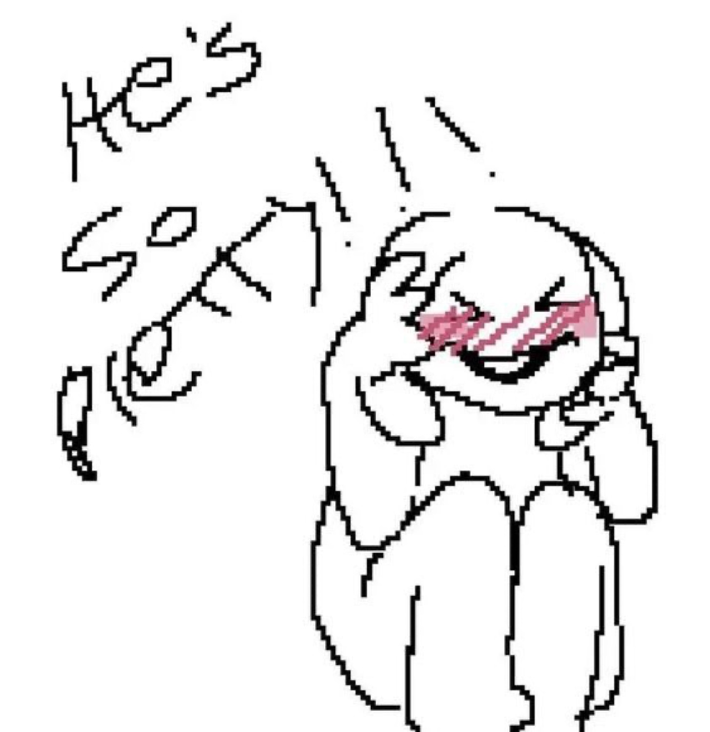 Scribbly blushing doodle girl squealing 'he's so pretty!!!' with her hands on her face