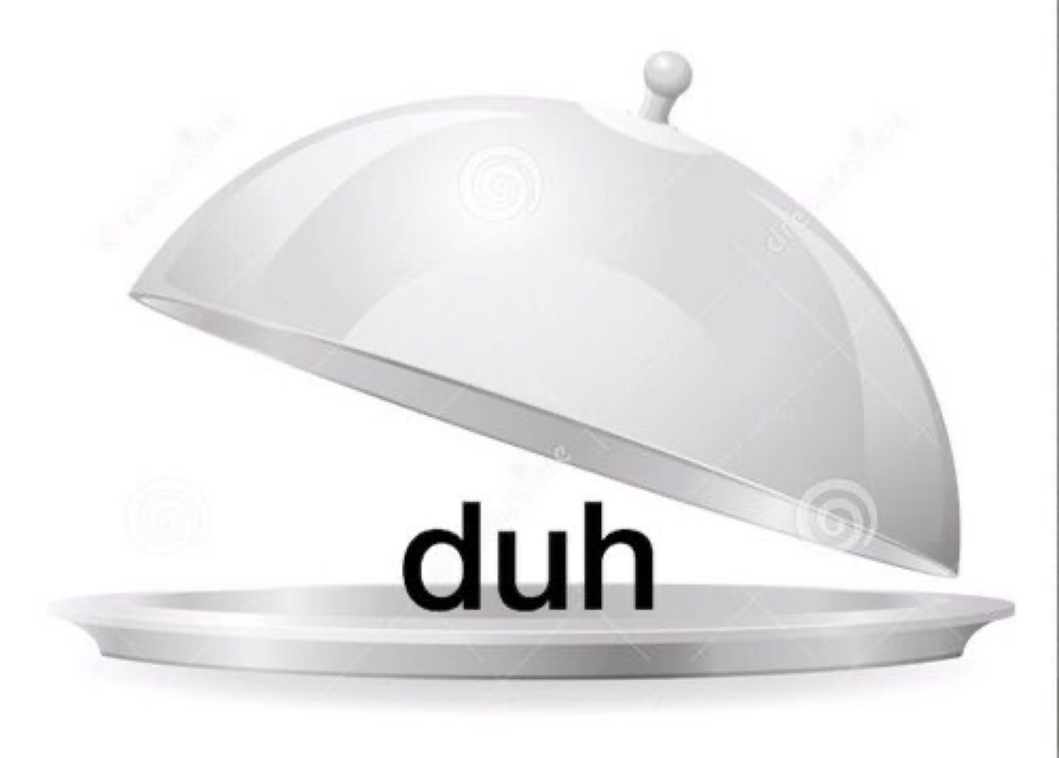 Silver food cloche lifted to reveal the word 'duh'