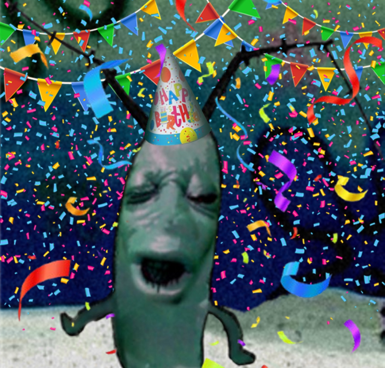 Screaming pickle character in a party hat surrounded by confetti and bunting