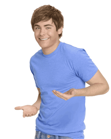 Smiling young man in a blue t-shirt doing the six seven hand wave on a white background