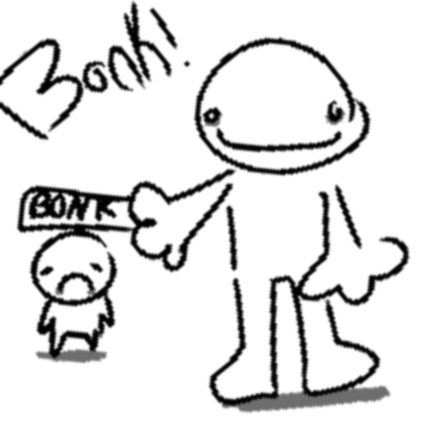 Doodle of a big smiling figure bonking a little sad one with a 'BONK' sign