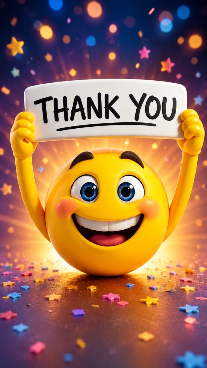 Grinning emoji holding up a 'THANK YOU' banner