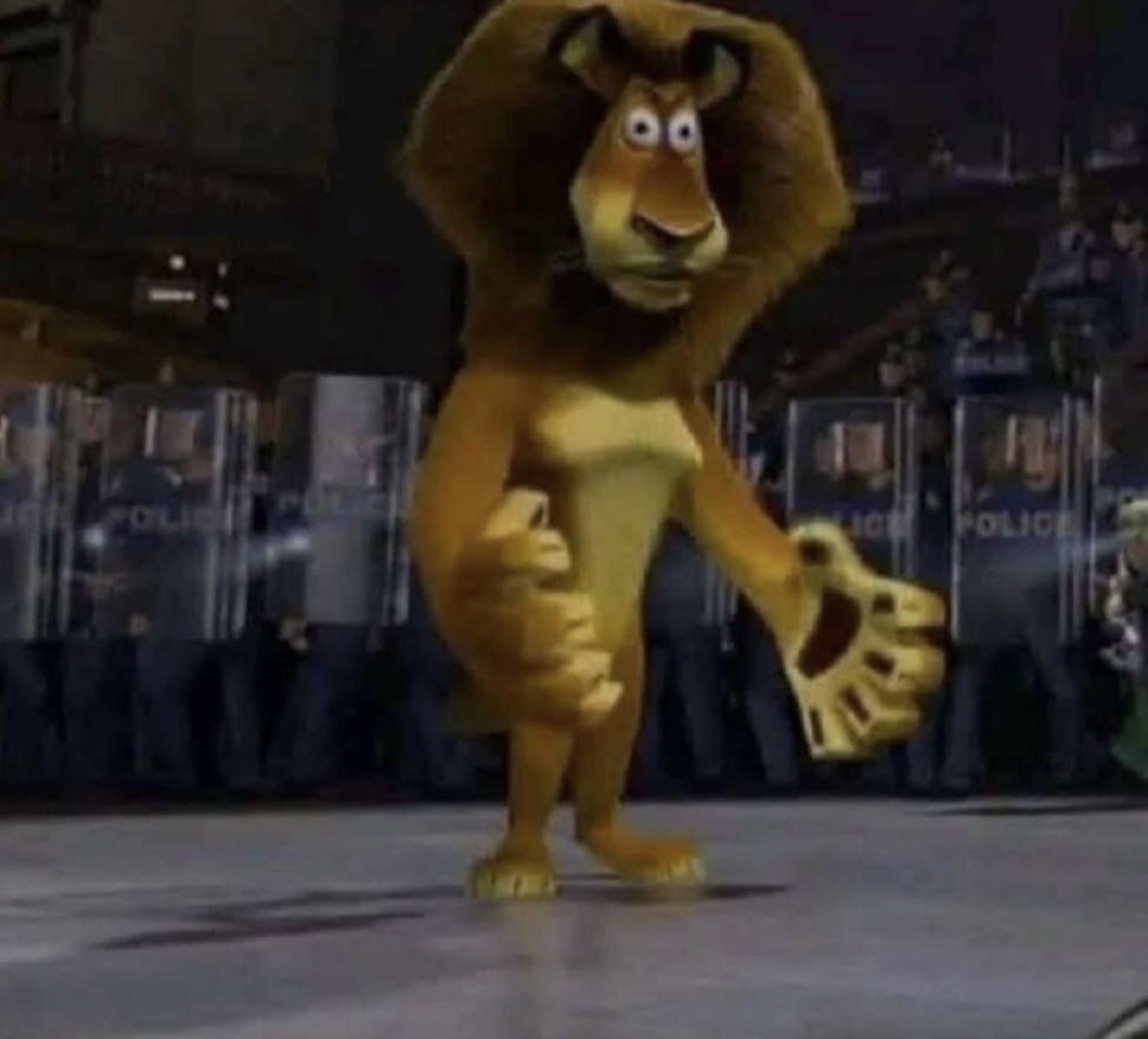 Alex the Lion from Madagascar standing awkwardly in front of a line of riot police