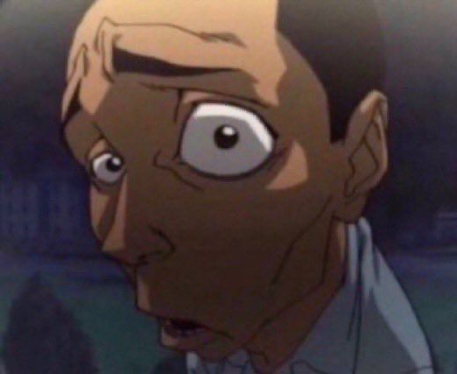 Anime man with one giant eye turned to face the camera in total shock