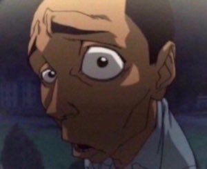 Anime man with one giant eye turned to face the camera in total shock