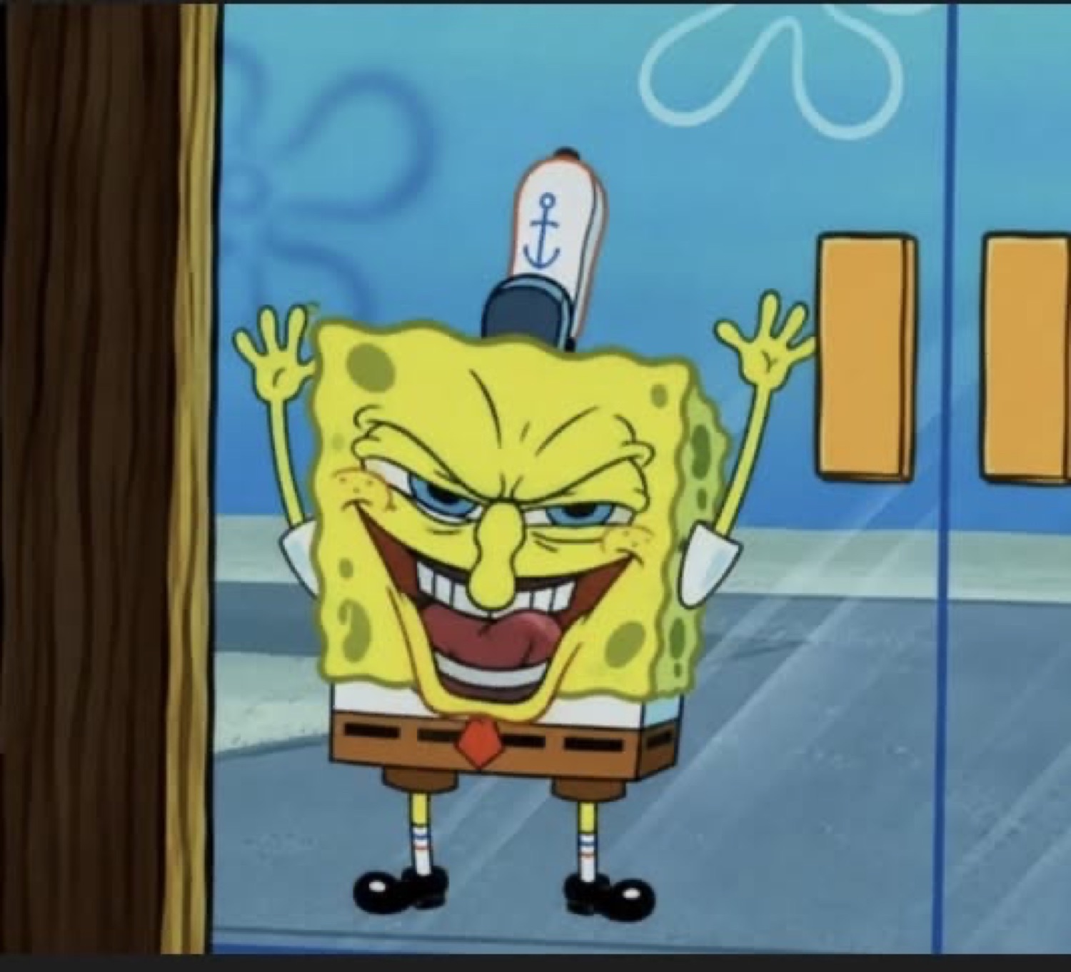 SpongeBob with an evil grin and jazz hands in the Krusty Krab doorway