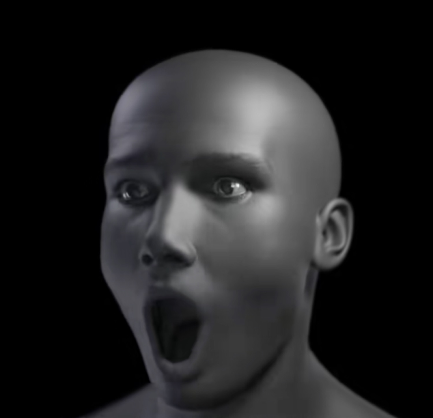 Gray 3D render of a bald head with a wide-open 'oh' mouth of surprise
